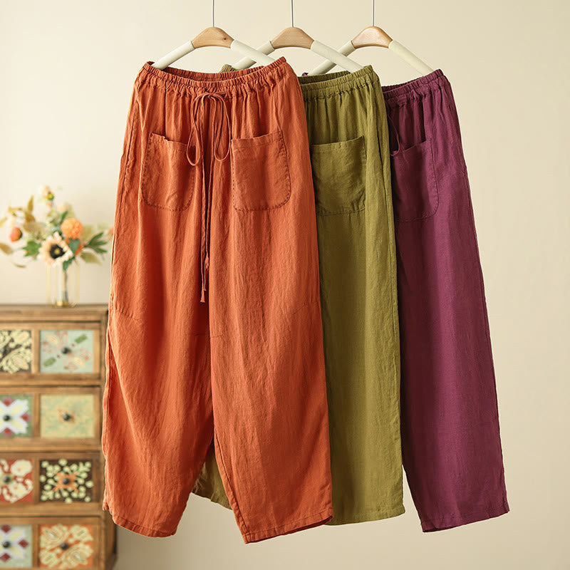 Pantaloni larghi da donna in cotone e lino, con tasche, modello Buddha Stones, casual, tinta unita, con coulisse, lunghezza 9