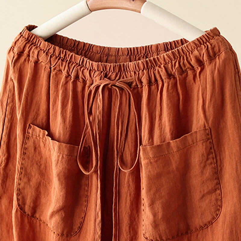 Pantaloni larghi da donna in cotone e lino, con tasche, modello Buddha Stones, casual, tinta unita, con coulisse, lunghezza 9