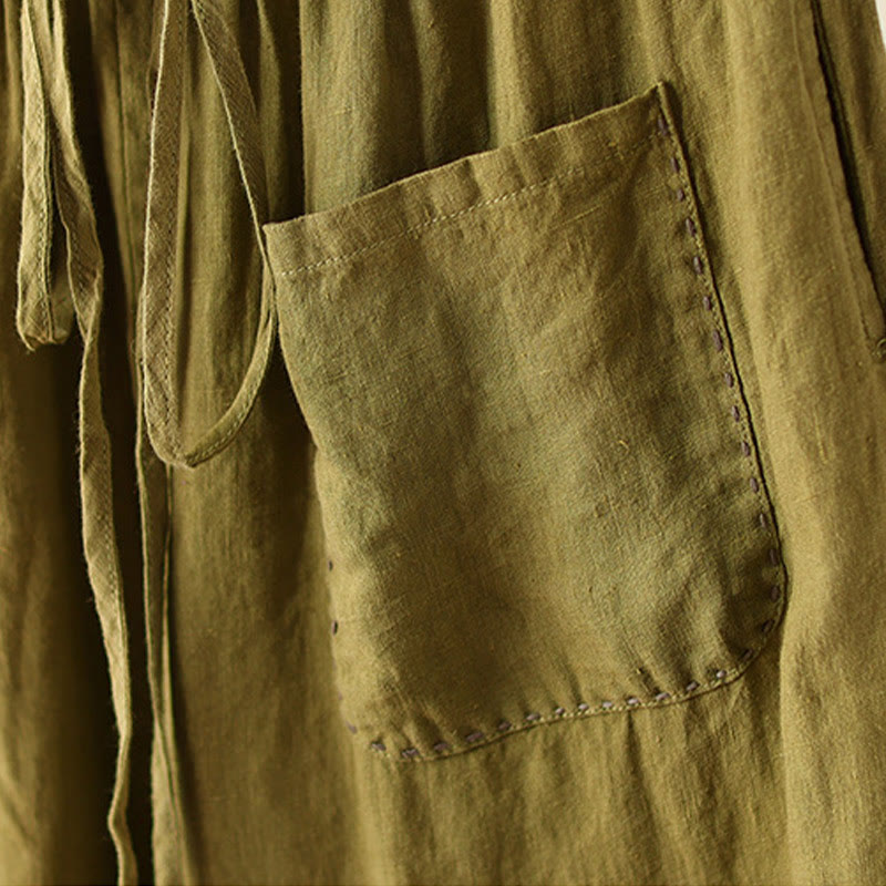 Pantaloni larghi da donna in cotone e lino, con tasche, modello Buddha Stones, casual, tinta unita, con coulisse, lunghezza 9