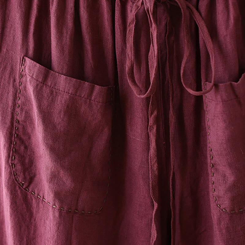 Pantaloni larghi da donna in cotone e lino, con tasche, modello Buddha Stones, casual, tinta unita, con coulisse, lunghezza 9
