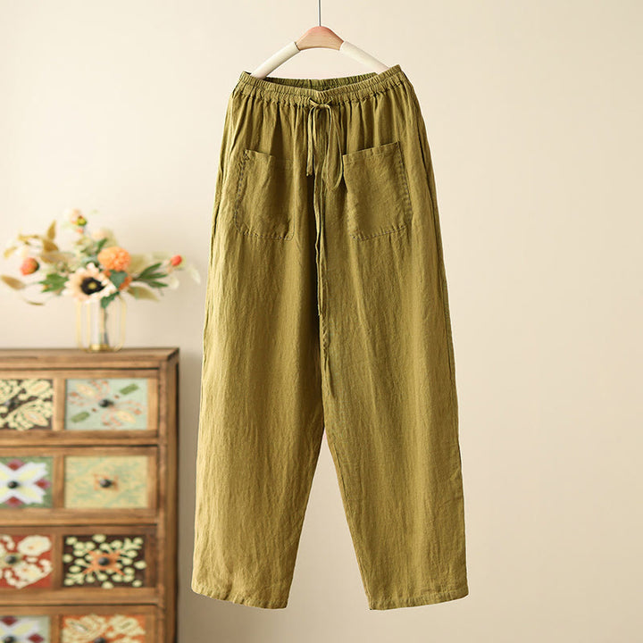 Pantaloni larghi da donna in cotone e lino, con tasche, modello Buddha Stones, casual, tinta unita, con coulisse, lunghezza 9