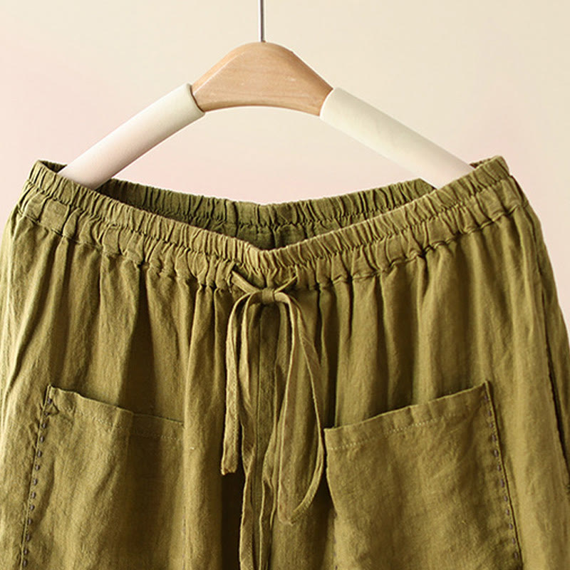 Pantaloni larghi da donna in cotone e lino, con tasche, modello Buddha Stones, casual, tinta unita, con coulisse, lunghezza 9