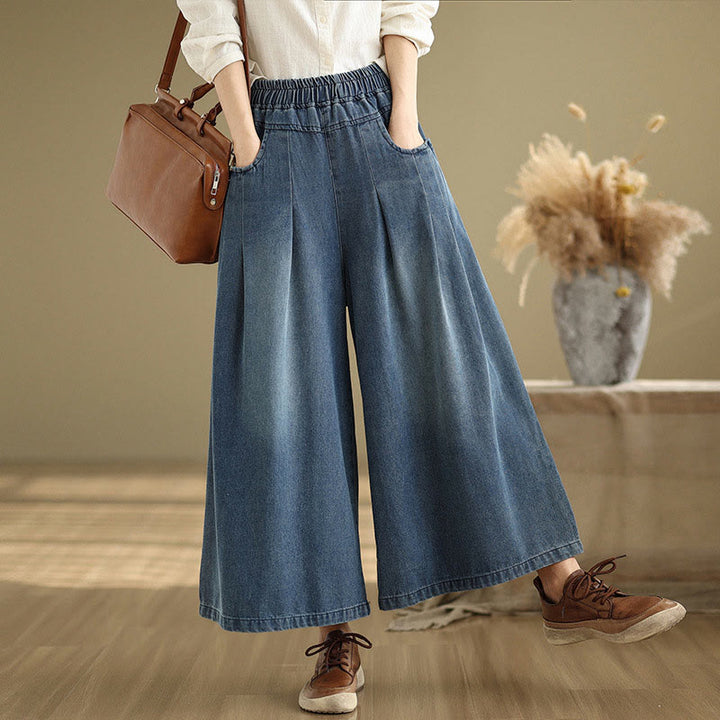 Pantaloni a gamba larga con tasche e vita alta da donna, modello Buddha Stones Fall Vintage Distressed Design