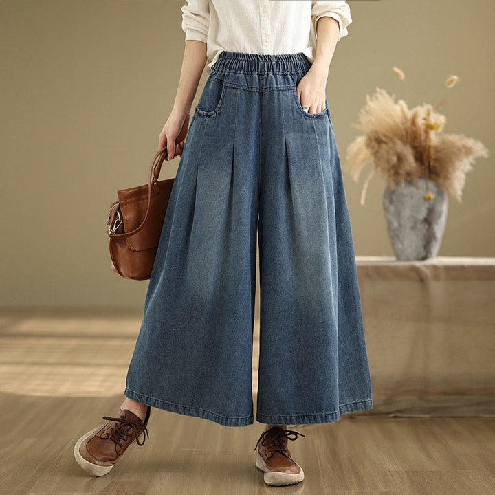 Pantaloni a gamba larga con tasche e vita alta da donna, modello Buddha Stones Fall Vintage Distressed Design