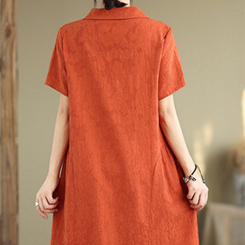 Abito midi in cotone e lino con maniche corte, motivo jacquard semplice con Buddha Stones e tasche