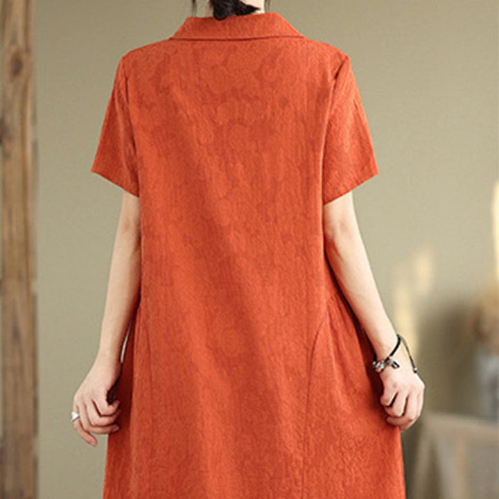 Abito midi in cotone e lino con maniche corte, motivo jacquard semplice con Buddha Stones e tasche