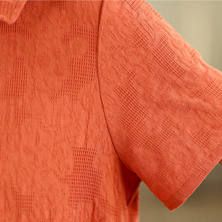 Abito midi in cotone e lino con maniche corte, motivo jacquard semplice con Buddha Stones e tasche