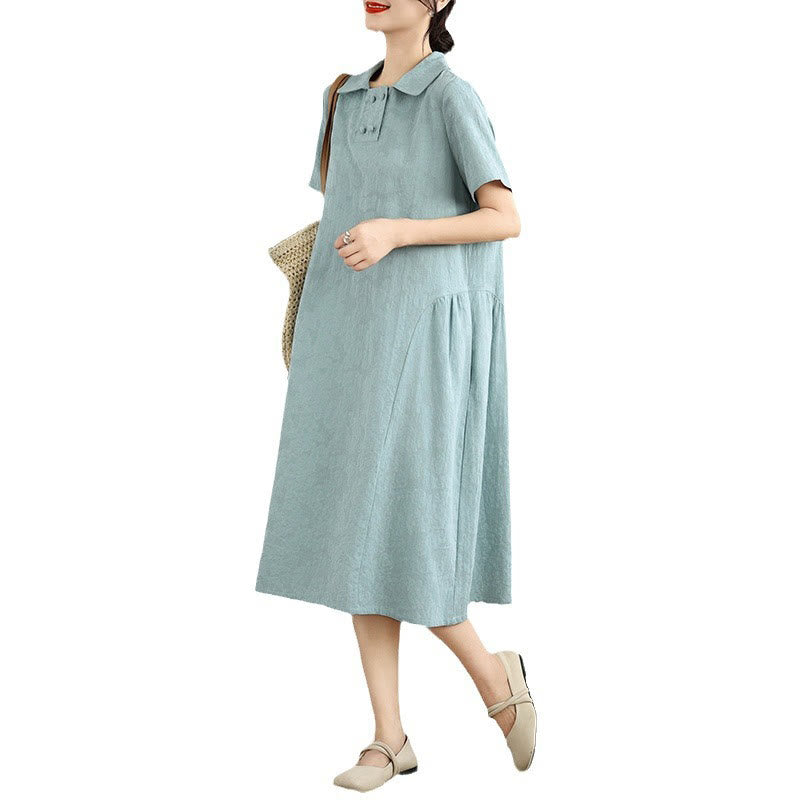 Abito midi in cotone e lino con maniche corte, motivo jacquard semplice con Buddha Stones e tasche - image 21