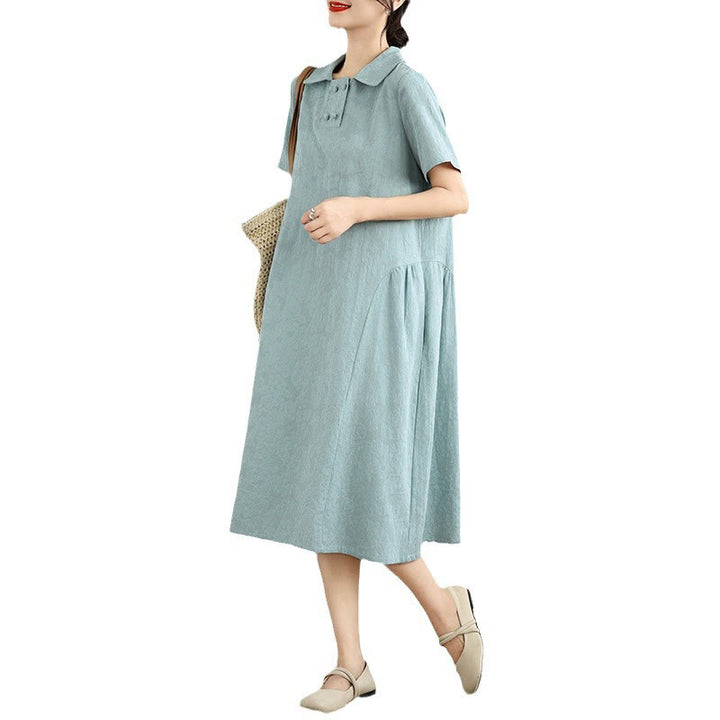 Abito midi in cotone e lino con maniche corte, motivo jacquard semplice con Buddha Stones e tasche - image 21