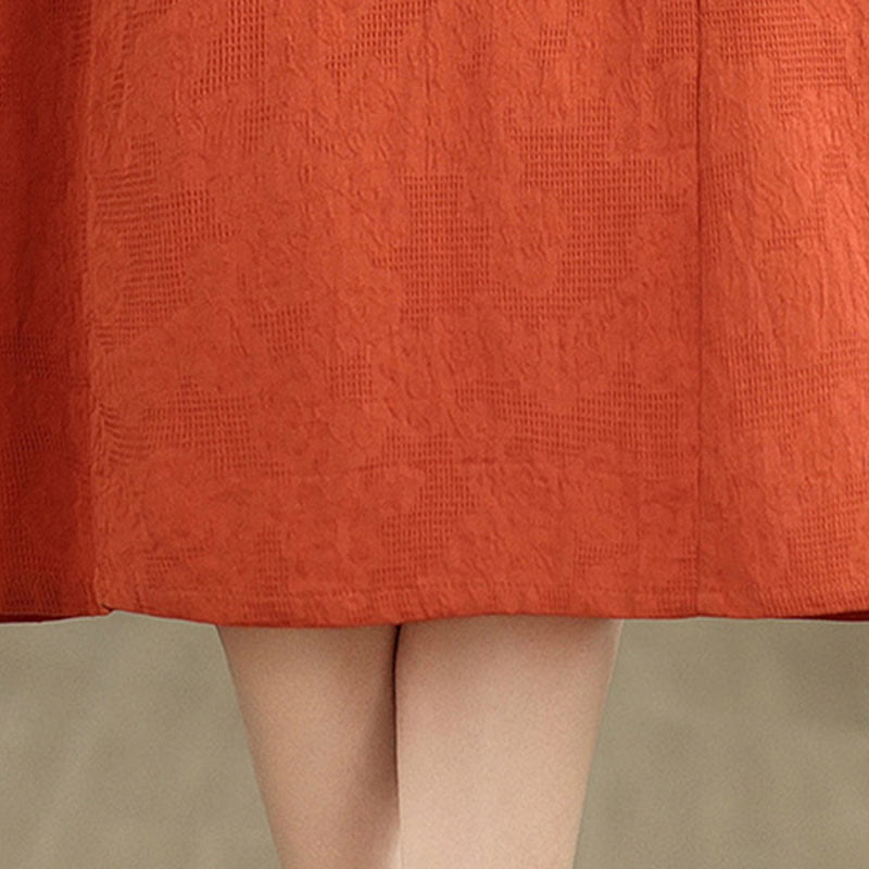 Abito midi in cotone e lino con maniche corte, motivo jacquard semplice con Buddha Stones e tasche - image 8