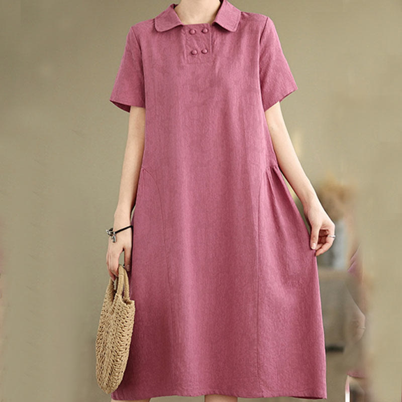 Abito midi in cotone e lino con maniche corte, motivo jacquard semplice con Buddha Stones e tasche