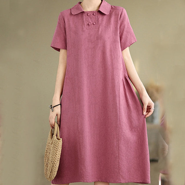 Abito midi in cotone e lino con maniche corte, motivo jacquard semplice con Buddha Stones e tasche