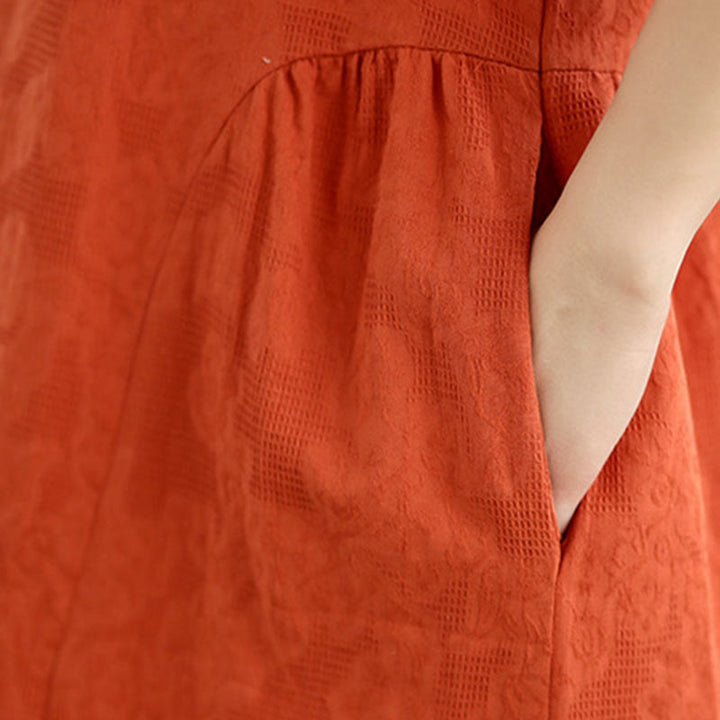 Abito midi in cotone e lino con maniche corte, motivo jacquard semplice con Buddha Stones e tasche - image 9