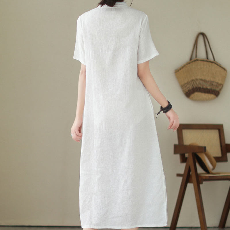 Abito midi cinese Cheongsam Qipao in jacquard a maniche corte con tasche, colore puro, con Buddha Stones - image 2
