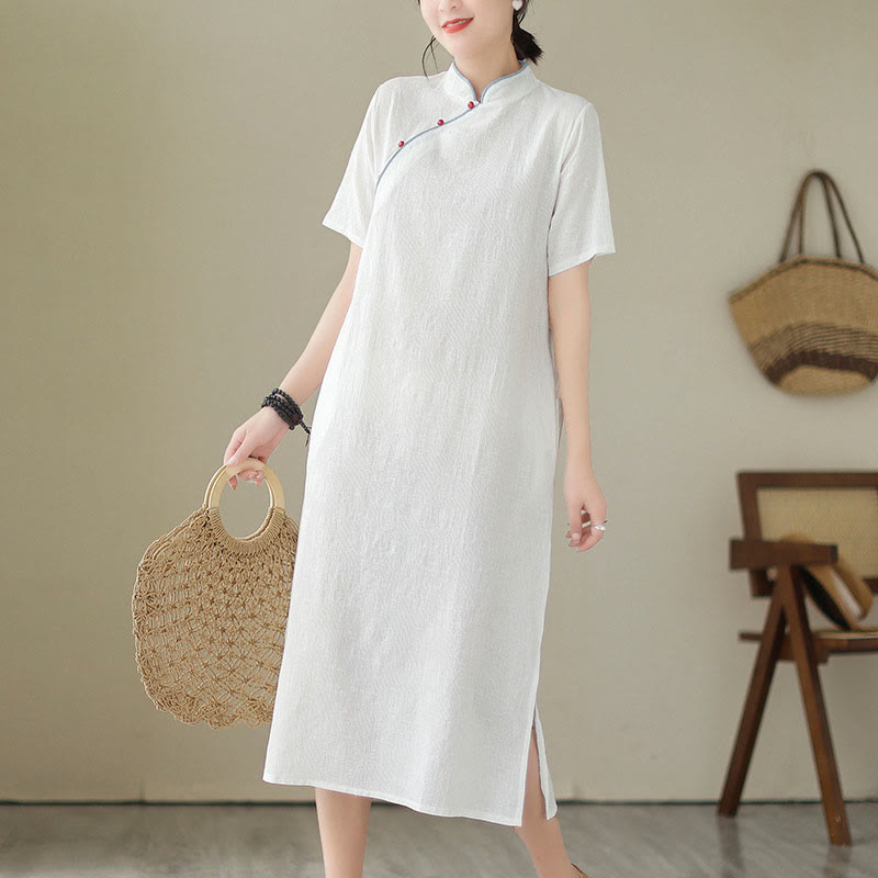 Abito midi cinese Cheongsam Qipao in jacquard a maniche corte con tasche, colore puro, con Buddha Stones - Bianco - US8-10, UK/AU12-14, EU40-42 (2XL) - image 1