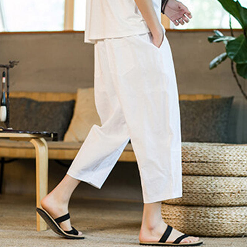 Pantaloni harem da uomo in lino e cotone con coulisse, tinta unita, con tasche e design semplice Buddha Stones - image 24