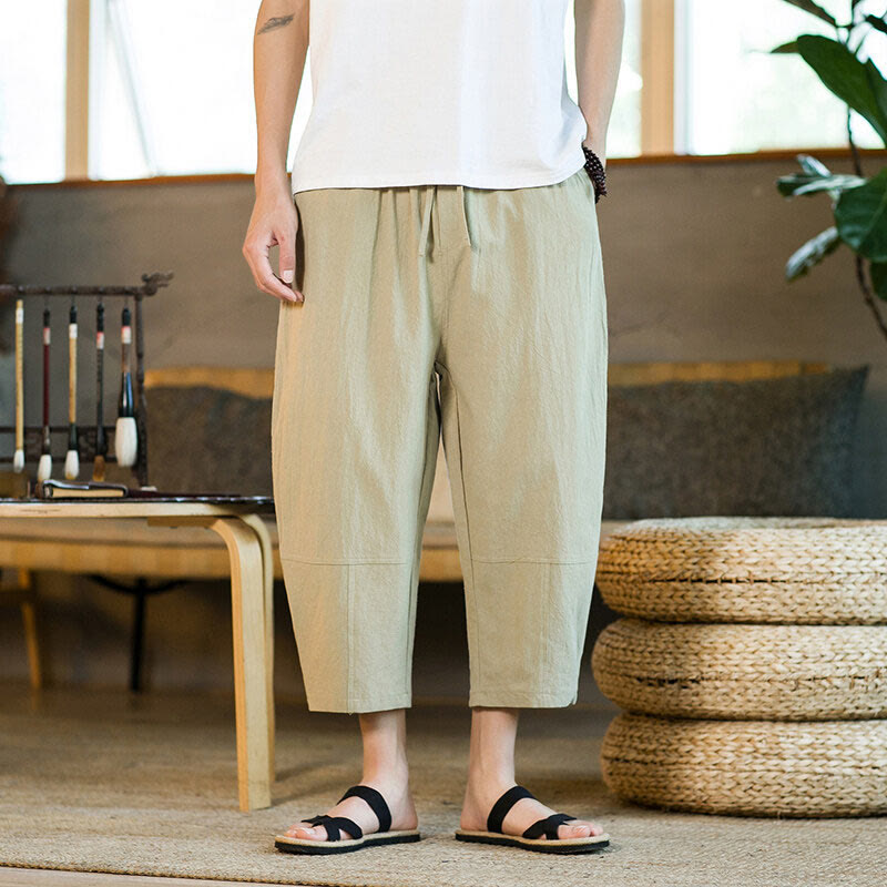 Pantaloni harem da uomo in lino e cotone con coulisse, tinta unita, con tasche e design semplice Buddha Stones - image 1