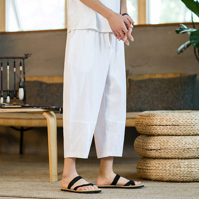 Pantaloni harem da uomo in lino e cotone con coulisse, tinta unita, con tasche e design semplice Buddha Stones - image 25