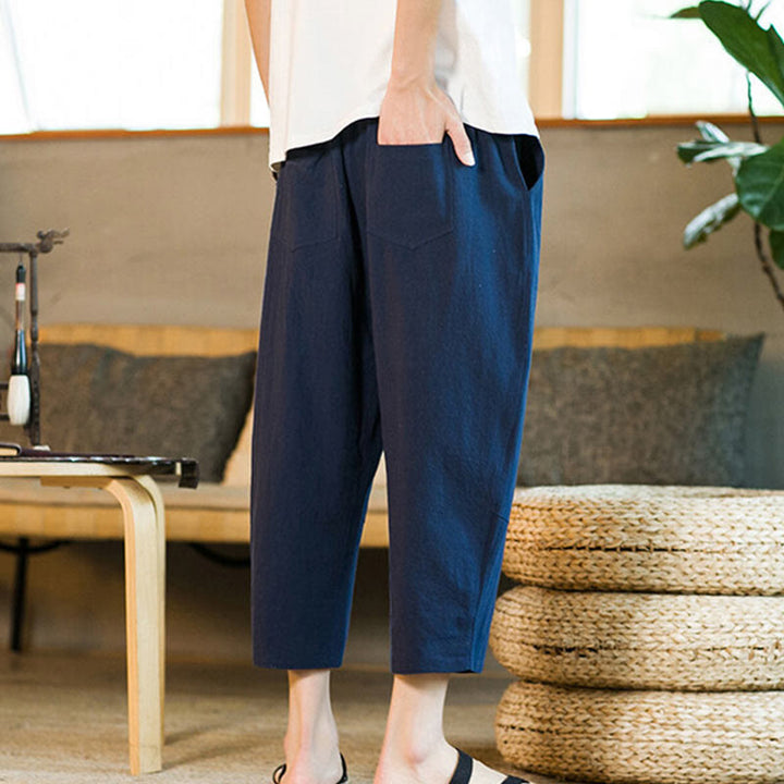 Pantaloni harem da uomo in lino e cotone con coulisse, tinta unita, con tasche e design semplice Buddha Stones - image 31