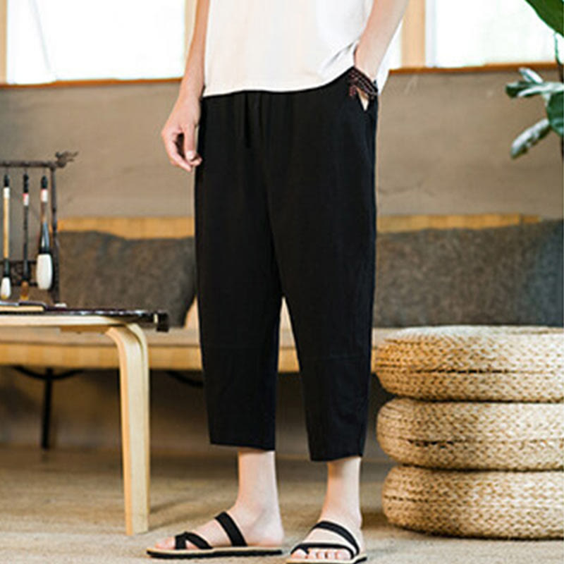 Pantaloni harem da uomo in lino e cotone con coulisse, tinta unita, con tasche e design semplice Buddha Stones - image 10