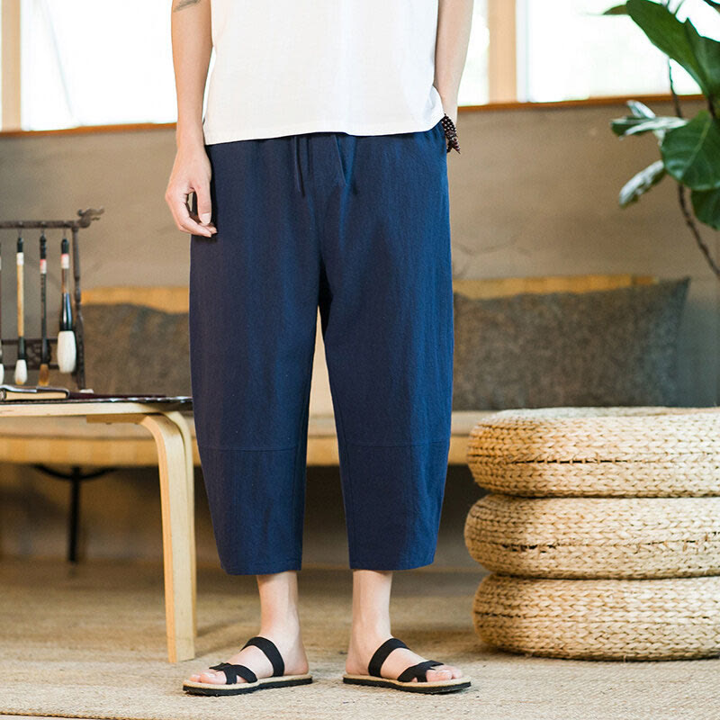 Pantaloni harem da uomo in lino e cotone con coulisse, tinta unita, con tasche e design semplice Buddha Stones - image 32