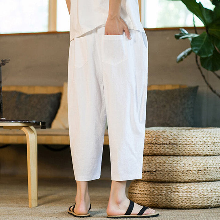 Pantaloni harem da uomo in lino e cotone con coulisse, tinta unita, con tasche e design semplice Buddha Stones - image 23