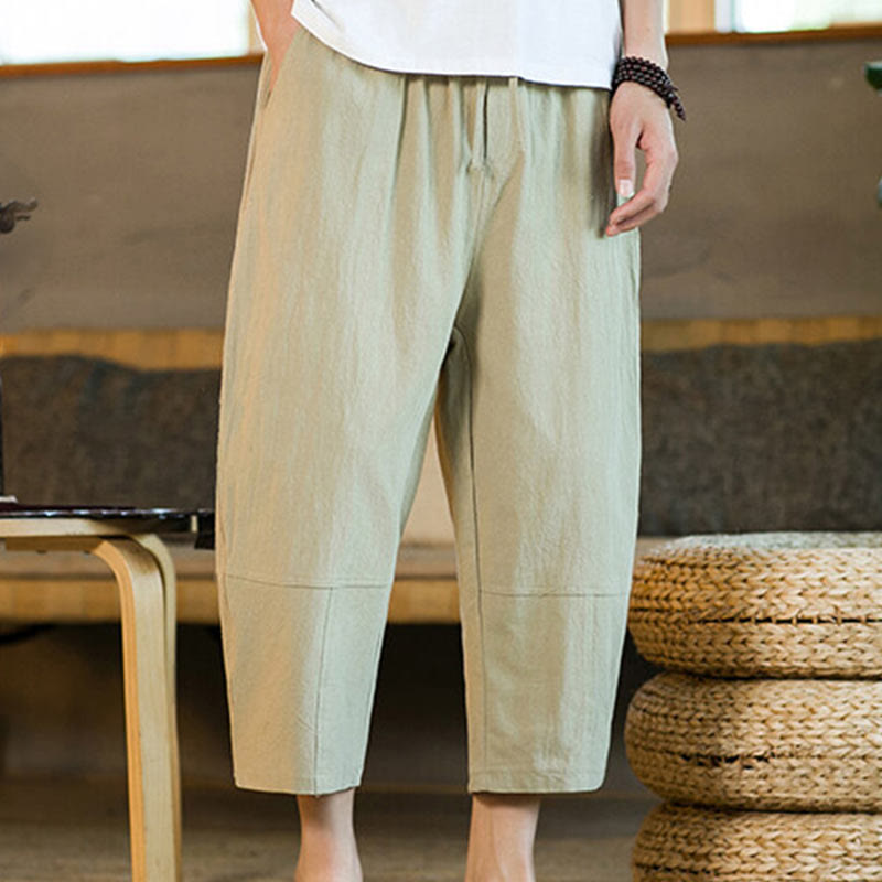 Pantaloni harem da uomo in lino e cotone con coulisse, tinta unita, con tasche e design semplice Buddha Stones - PaleGoldenrod - US/UK/AU46, EU56 (5XL) - image 0