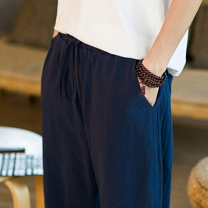 Pantaloni harem da uomo in lino e cotone con coulisse, tinta unita, con tasche e design semplice Buddha Stones - image 36