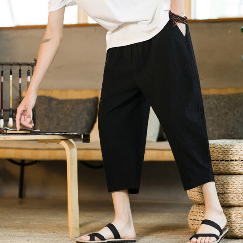 Pantaloni harem da uomo in lino e cotone con coulisse, tinta unita, con tasche e design semplice Buddha Stones - image 12