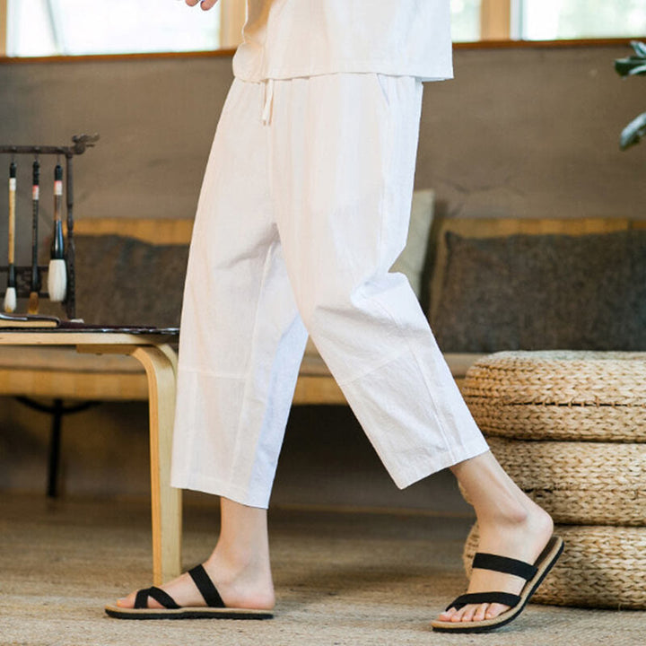 Pantaloni harem da uomo in lino e cotone con coulisse, tinta unita, con tasche e design semplice Buddha Stones - image 27