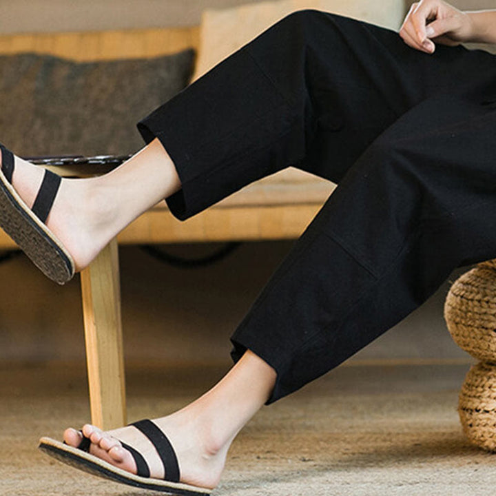 Pantaloni harem da uomo in lino e cotone con coulisse, tinta unita, con tasche e design semplice Buddha Stones - image 17