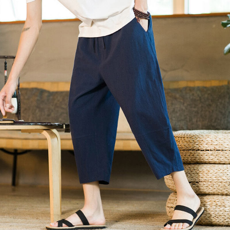 Pantaloni harem da uomo in lino e cotone con coulisse, tinta unita, con tasche e design semplice Buddha Stones - image 35