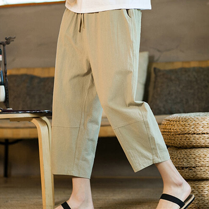 Pantaloni harem da uomo in lino e cotone con coulisse, tinta unita, con tasche e design semplice Buddha Stones - image 6