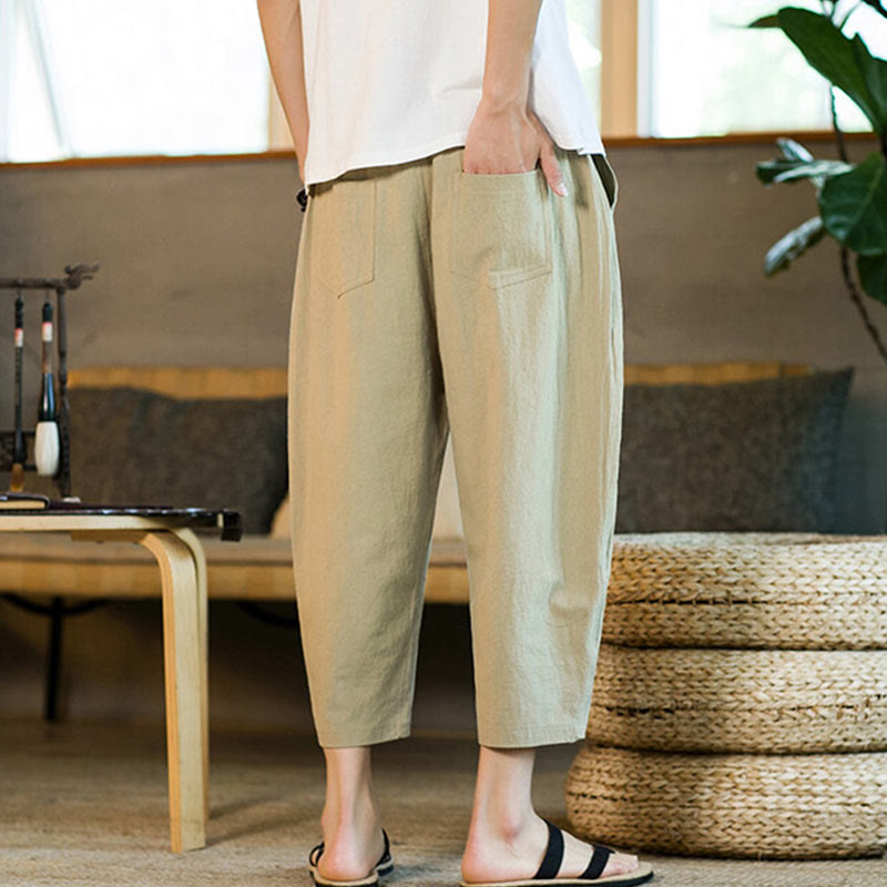 Pantaloni harem da uomo in lino e cotone con coulisse, tinta unita, con tasche e design semplice Buddha Stones - image 3