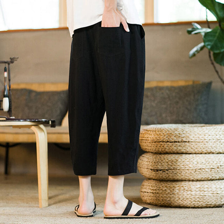 Pantaloni harem da uomo in lino e cotone con coulisse, tinta unita, con tasche e design semplice Buddha Stones - image 11