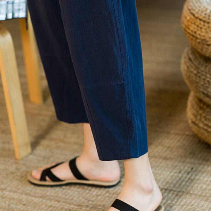 Pantaloni harem da uomo in lino e cotone con coulisse, tinta unita, con tasche e design semplice Buddha Stones - image 39