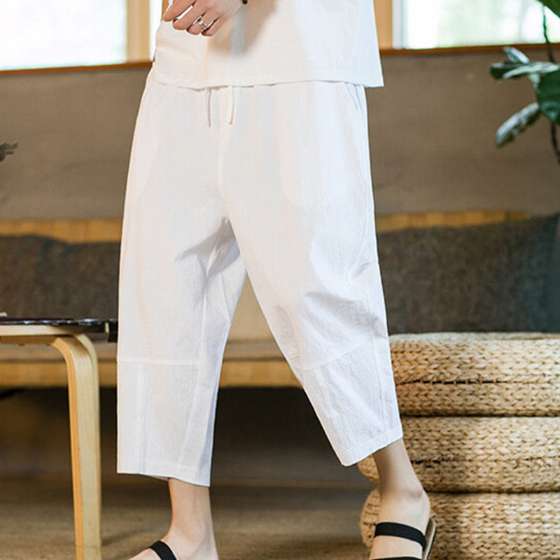 Pantaloni harem da uomo in lino e cotone con coulisse, tinta unita, con tasche e design semplice Buddha Stones - image 21