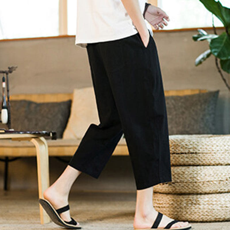 Pantaloni harem da uomo in lino e cotone con coulisse, tinta unita, con tasche e design semplice Buddha Stones - image 14