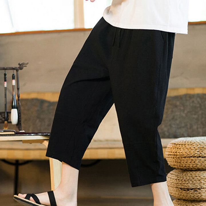 Pantaloni harem da uomo in lino e cotone con coulisse, tinta unita, con tasche e design semplice Buddha Stones - image 16