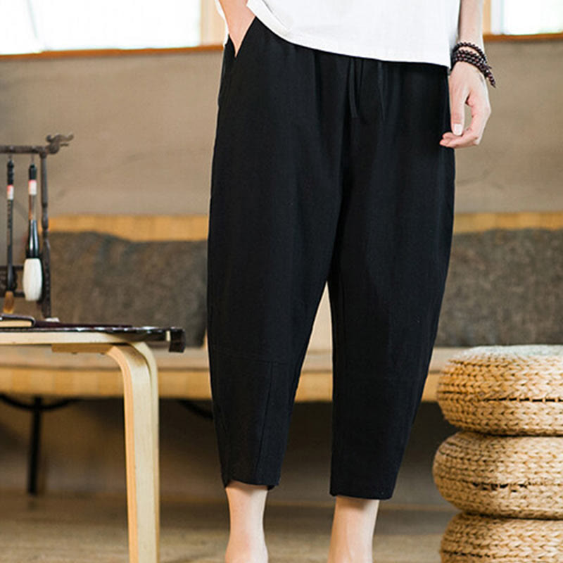 Pantaloni harem da uomo in lino e cotone con coulisse, tinta unita, con tasche e design semplice Buddha Stones - image 13