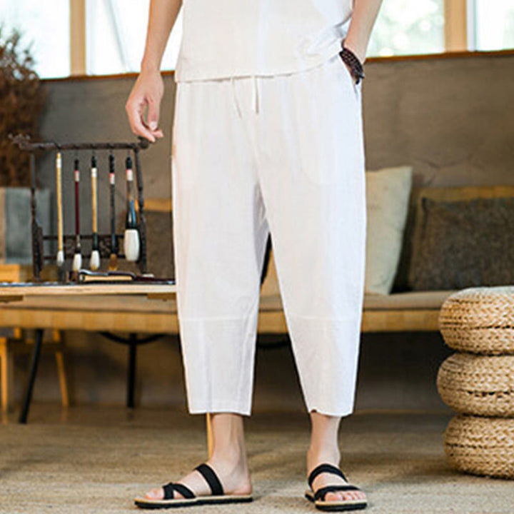 Pantaloni harem da uomo in lino e cotone con coulisse, tinta unita, con tasche e design semplice Buddha Stones - image 22