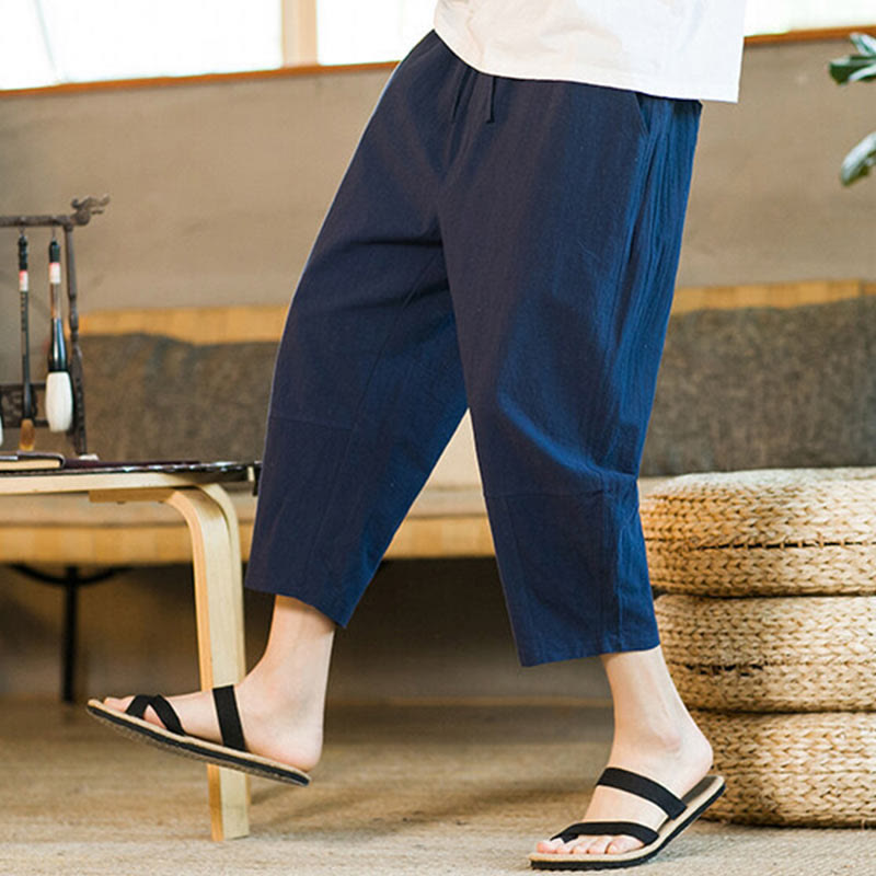 Pantaloni harem da uomo in lino e cotone con coulisse, tinta unita, con tasche e design semplice Buddha Stones - image 34