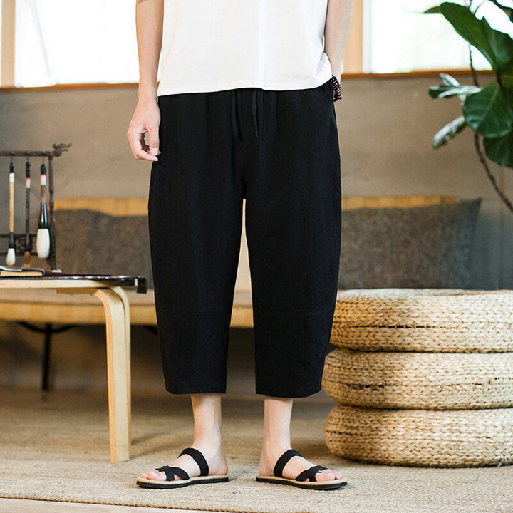 Pantaloni harem da uomo in lino e cotone con coulisse, tinta unita, con tasche e design semplice Buddha Stones - Nero - US/UK/AU46, EU56 (5XL) - image 9