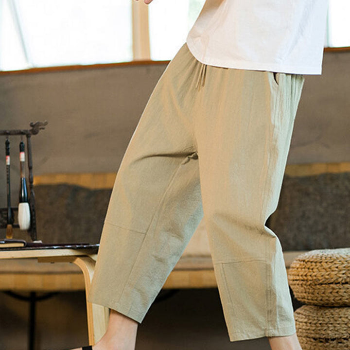 Pantaloni harem da uomo in lino e cotone con coulisse, tinta unita, con tasche e design semplice Buddha Stones - image 7