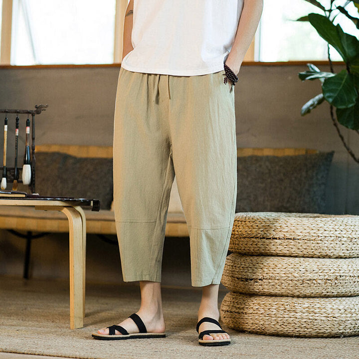 Pantaloni harem da uomo in lino e cotone con coulisse, tinta unita, con tasche e design semplice Buddha Stones - image 2