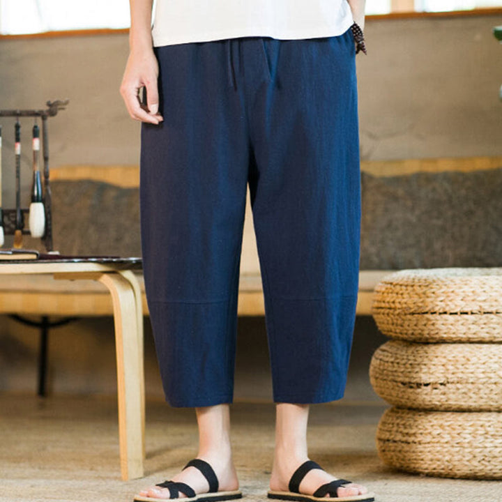 Pantaloni harem da uomo in lino e cotone con coulisse, tinta unita, con tasche e design semplice Buddha Stones - Marina - US/UK/AU46, EU56 (5XL) - image 29