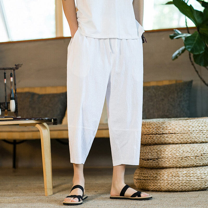 Pantaloni harem da uomo in lino e cotone con coulisse, tinta unita, con tasche e design semplice Buddha Stones - image 20