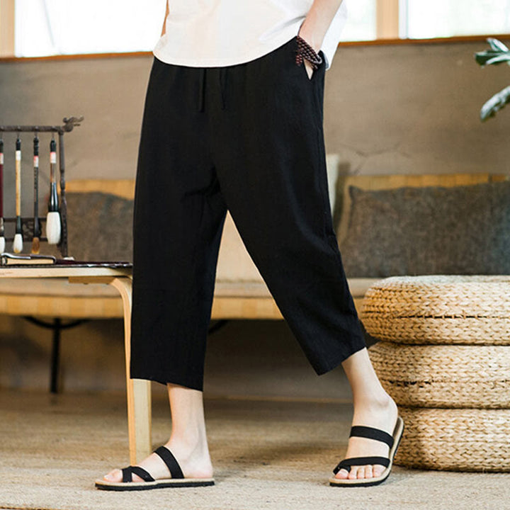 Pantaloni harem da uomo in lino e cotone con coulisse, tinta unita, con tasche e design semplice Buddha Stones - image 15