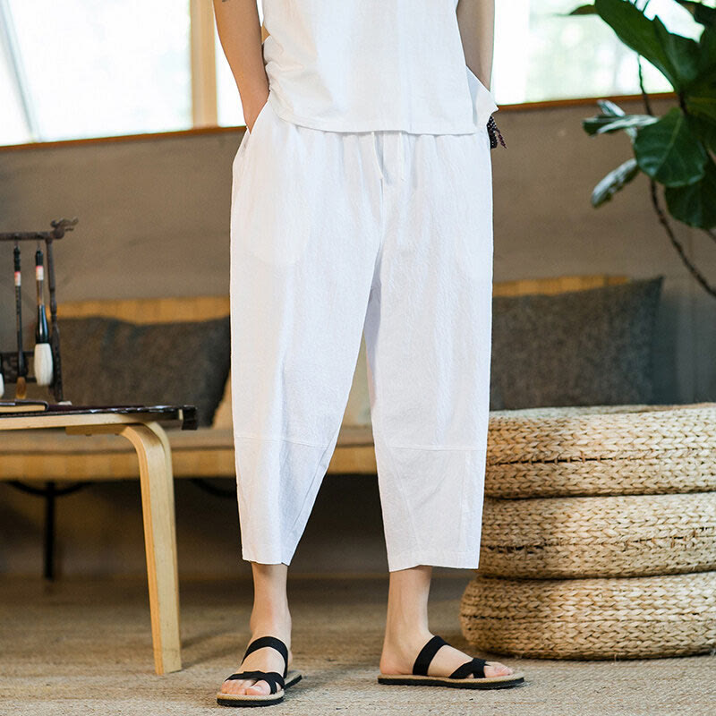 Pantaloni harem da uomo in lino e cotone con coulisse, tinta unita, con tasche e design semplice Buddha Stones - image 20