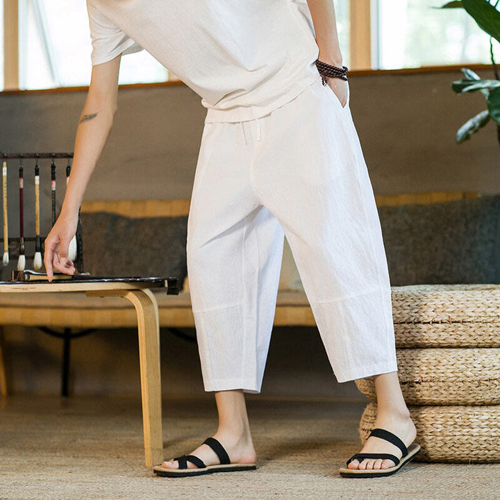 Pantaloni harem da uomo in lino e cotone con coulisse, tinta unita, con tasche e design semplice Buddha Stones - image 26